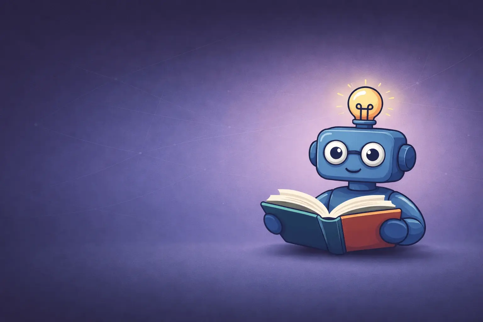 Friendly AI Beginner robot reading a book, representing a simple and structured starting point for learning AI