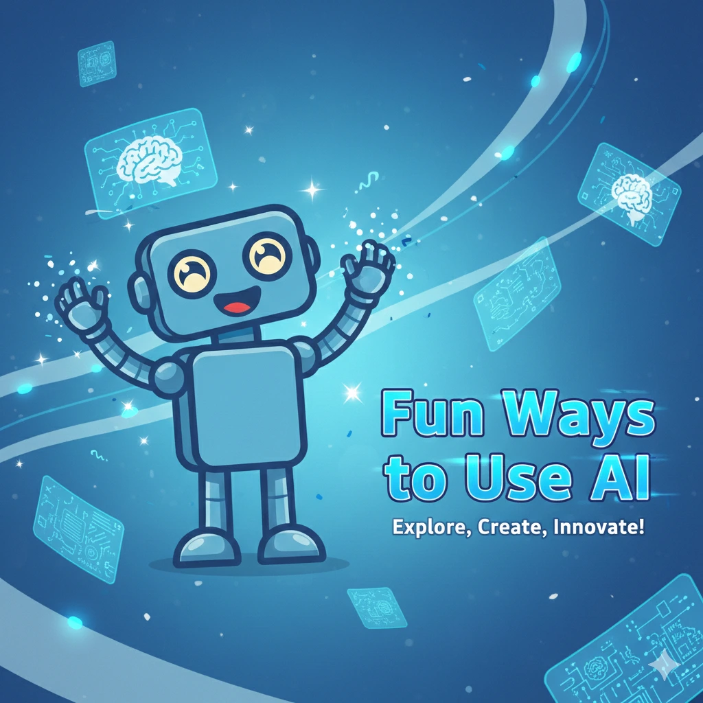 A friendly illustration showing fun and creative ways beginners can use AI