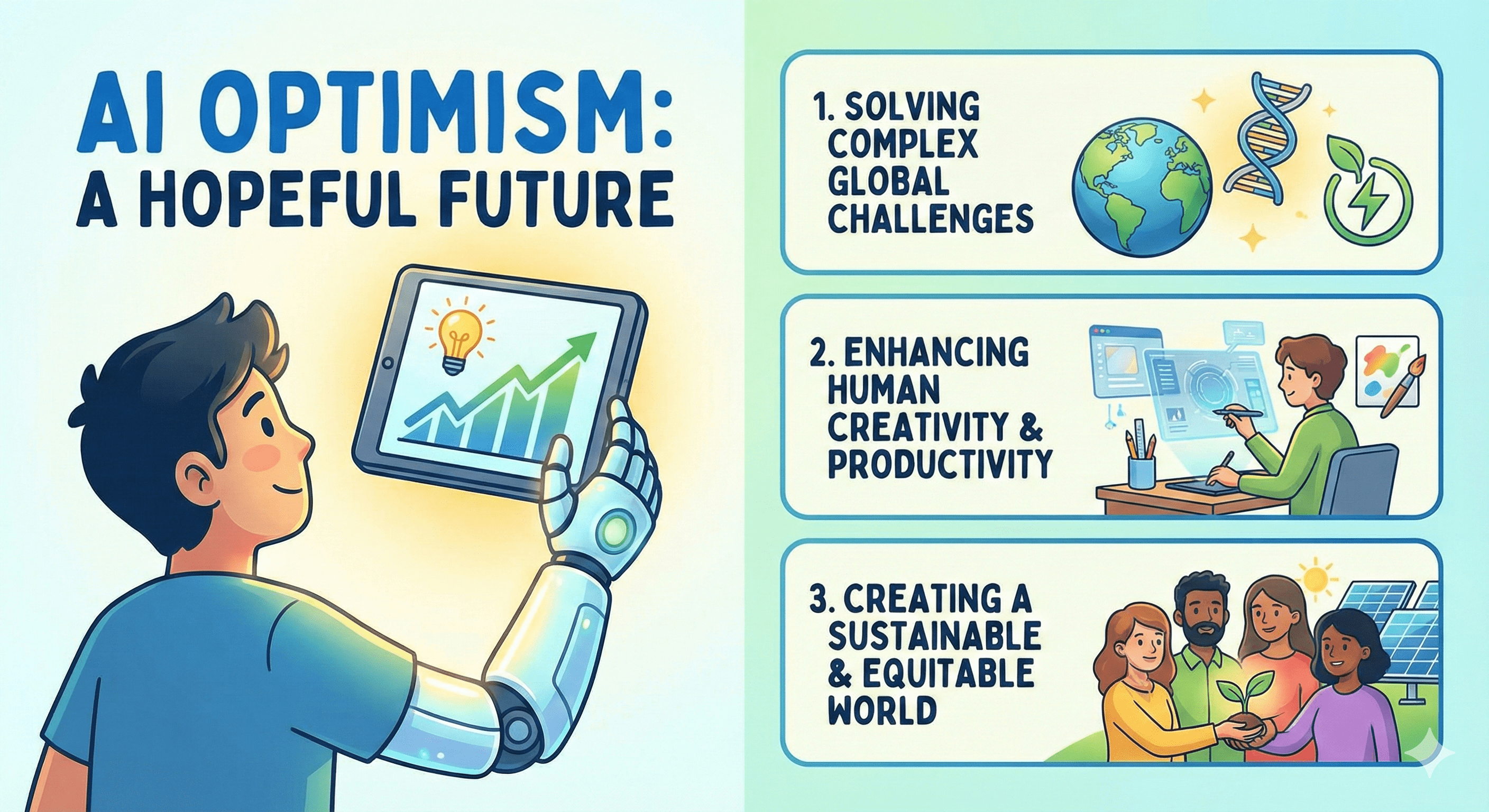 Hopeful illustration of a person confidently using AI tools in a bright, optimistic setting