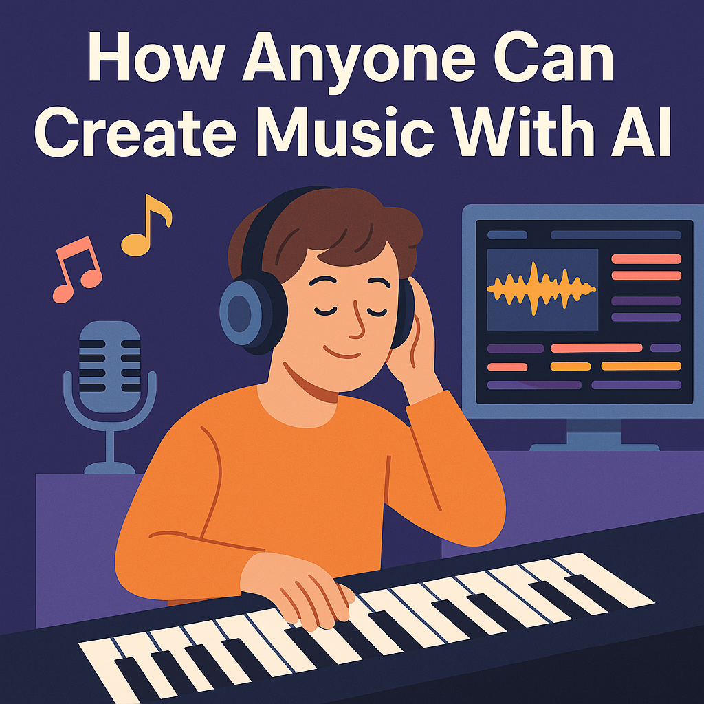 Person using AI tools on a laptop to create music with colorful sound waves and notes