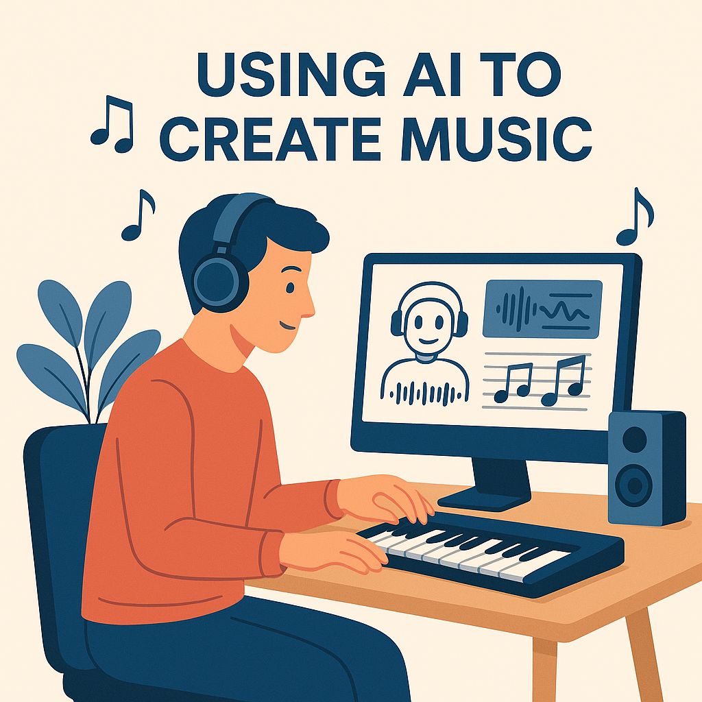 Friendly visual of AI and a person co-creating music with notes and waveforms