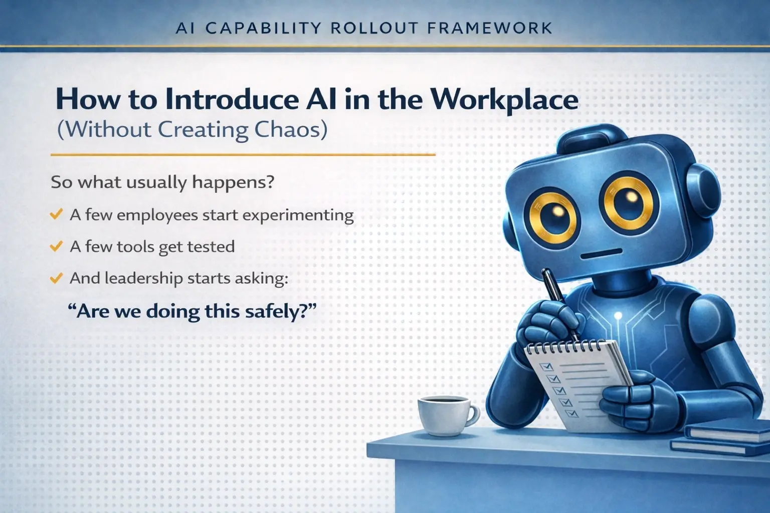 Stop introducing AI at work like this banner with Buck robot and bold workplace AI text