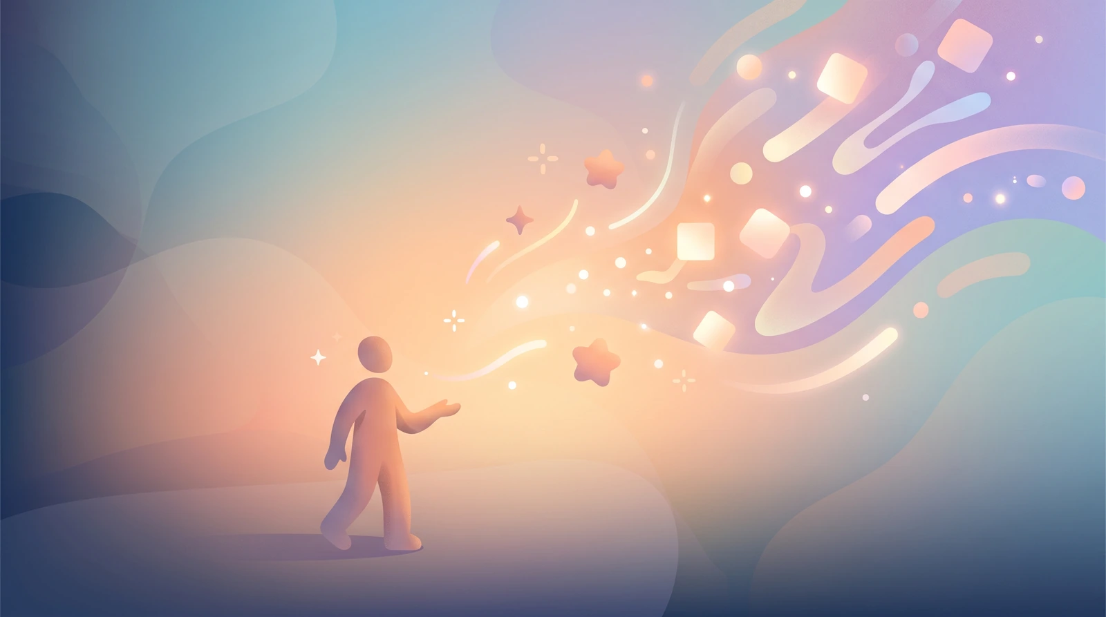 A person walking toward a bright burst of color and shapes, representing the moment AI starts to make sense